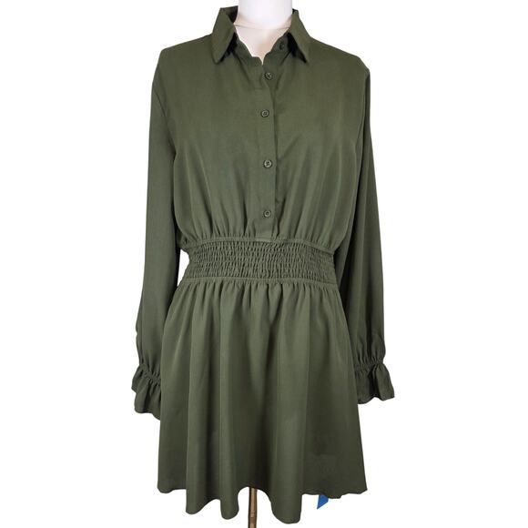 Cupshe Dresses & Skirts - NWT XL Cupshe Button-Front‎ Smocked Waist Long Sleeve Unlined Dress Olive Green